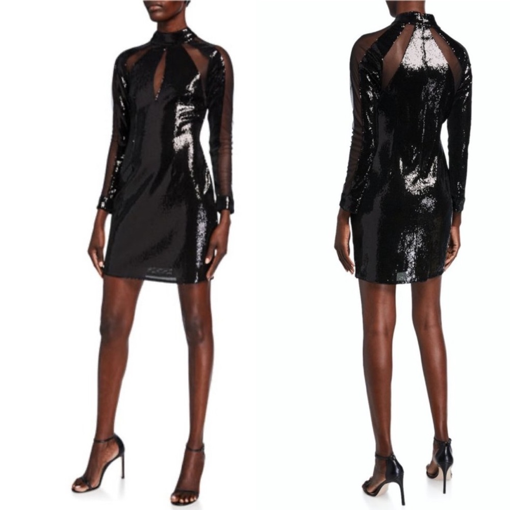 Aidan Mattox Black Sequin & Mesh Inset Mock-Neck … - image 1